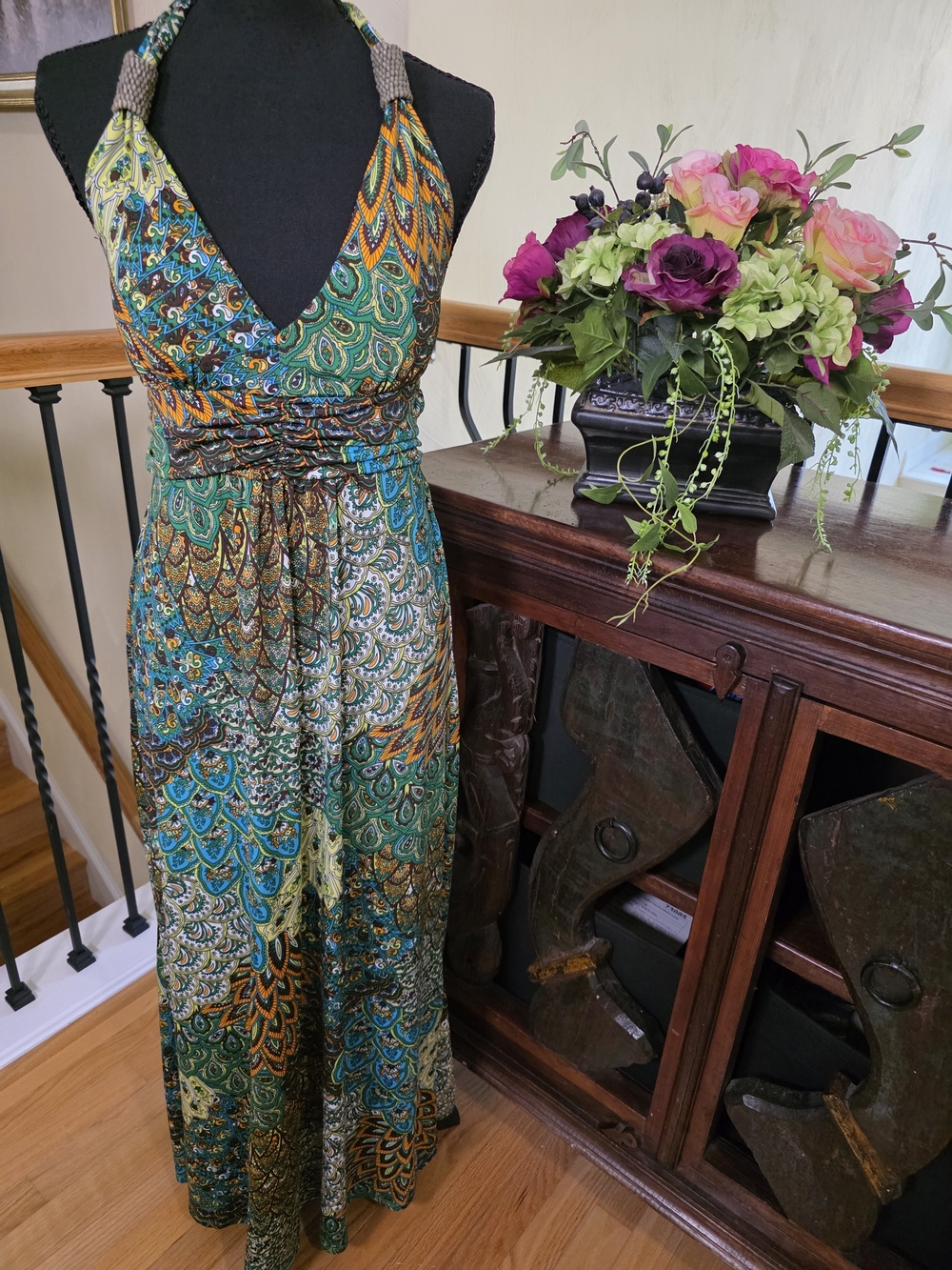 Cristinalove Boho Green Teal Orange Maxi Dress